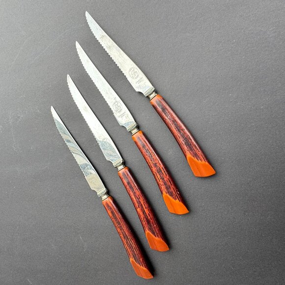 Vintage Set of 4 Steak Knives by Glo Hill Canada Faux Antlers & Stainless Steel - Picture 5 of 6